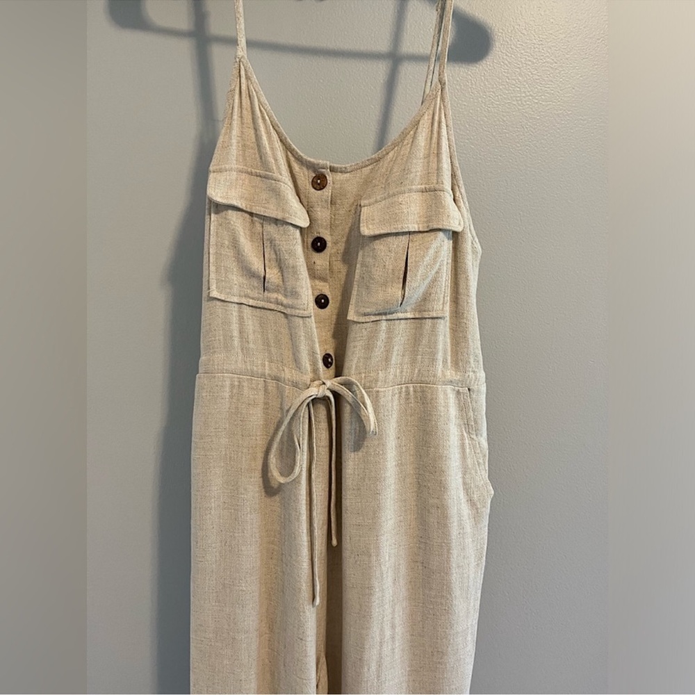 NWOT Promesa Linen Oatmeal Natural Light Beige Jumpsuit Tank Buttons - Picture 9 of 15